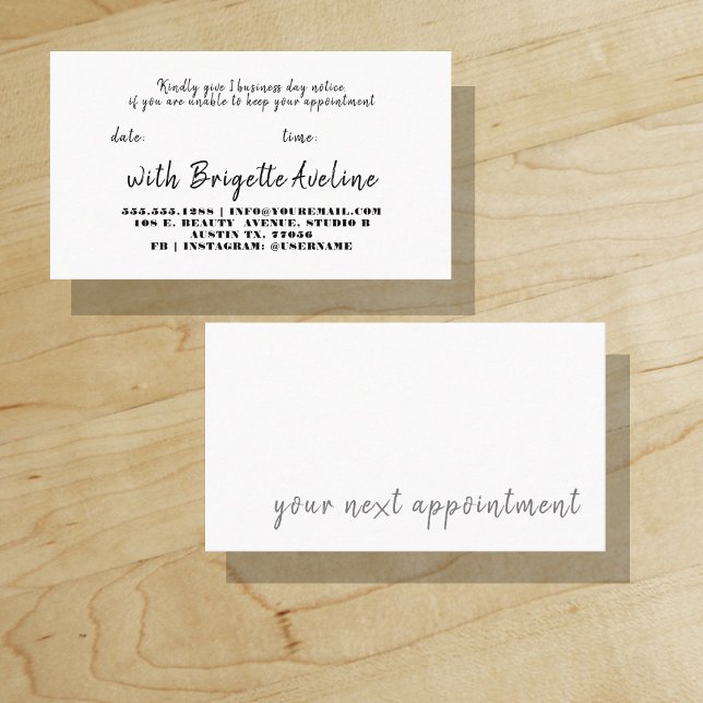 Tarjeta De Visita Script Moderno y Audaz | Tu Próxima Cita ("Everyday is abundantly beautiful." 
Sincerely Best Wishes from Lucky Design World)