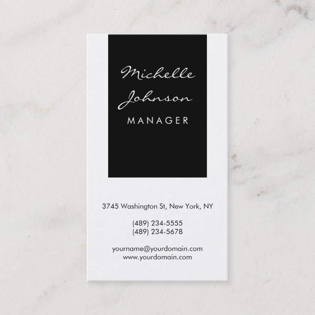 Tarjeta De Visita Script vertical Black White Manager Business Card (Anverso)