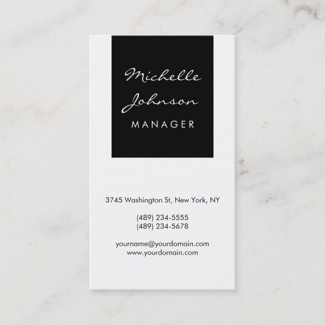 Tarjeta De Visita Script vertical Black White Manager Business Card (Anverso)
