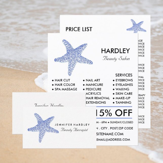 Tarjeta De Visita Sea Blue Beach Starfish, Beauticist, Salón De Bell (Subido por el creador)