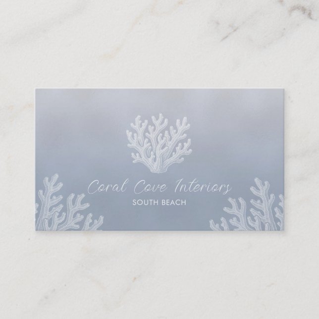 Tarjeta De Visita Sea Coral Silhouette | Silver Blue Pearl  (Anverso)