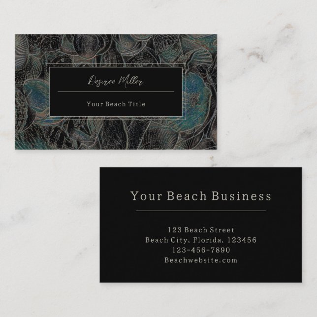 Tarjeta De Visita Seashells Ocean Beach Verde azulado Negro Moderno (Anverso / Reverso)