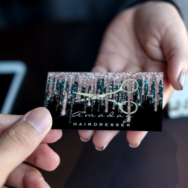 Tarjeta De Visita Secador de pelo profesional tijeras Rosa Oro negro (Professional Hairdresser Scissors Rose Black Gold Business Card)