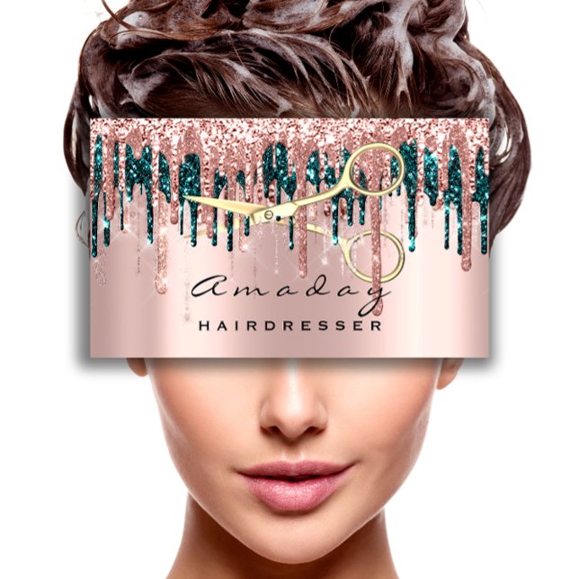 Tarjeta De Visita Secador de pelo profesional tijeras Rosa oro Verde (Professional Hairdresser Scissors Rose Teal Gold Business Card)