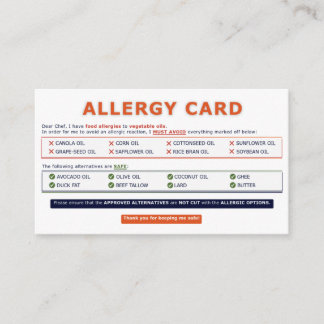 Tarjeta De Visita Seed Oil Allergy Card