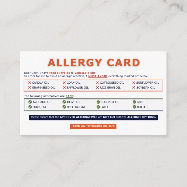 Tarjeta De Visita Seed Oil Allergy Card (Anverso)