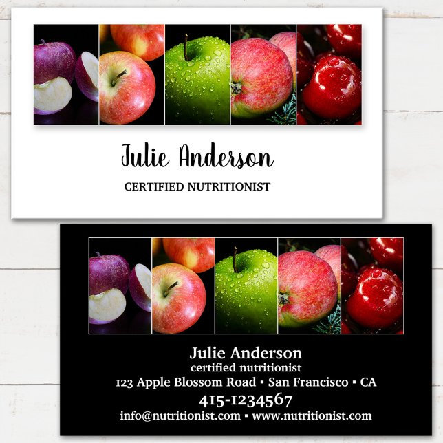 Tarjeta De Visita Sencilla alimentación nutricionista dietista salud (Business card for a nutritional therapist or professional dietitian featuring images of fresh apples)
