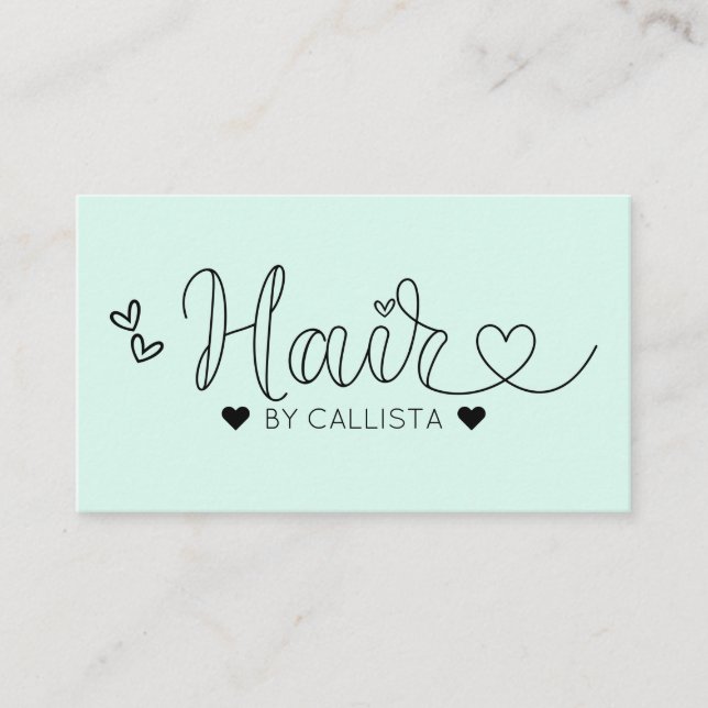 Tarjeta De Visita Sencilla Bonito Mint Green Hearts Typography Hair (Anverso)