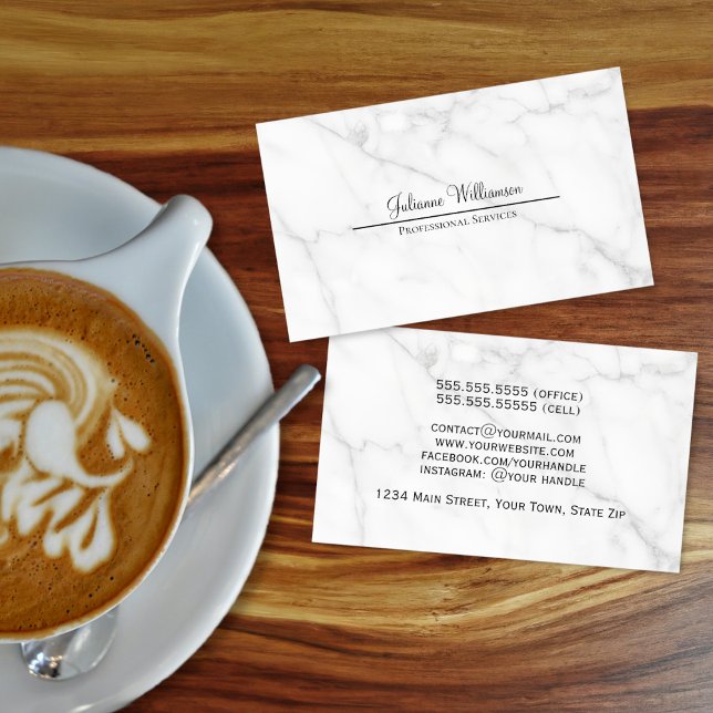 Tarjeta De Visita Sencilla elegancia Información de mármol blanco en (Front/Back)