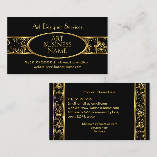 Tarjeta De Visita Sencilla y elegante damasco floral negro dorado (Anverso / Reverso)