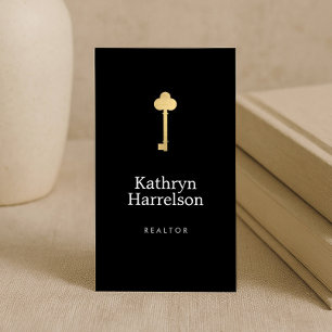 Tarjeta De Visita Sencillo Faux Gold Key Realator Logo Black