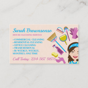 Tarjeta De Visita Señora Conserje Beige Dibujo Animado Chica Limpiez