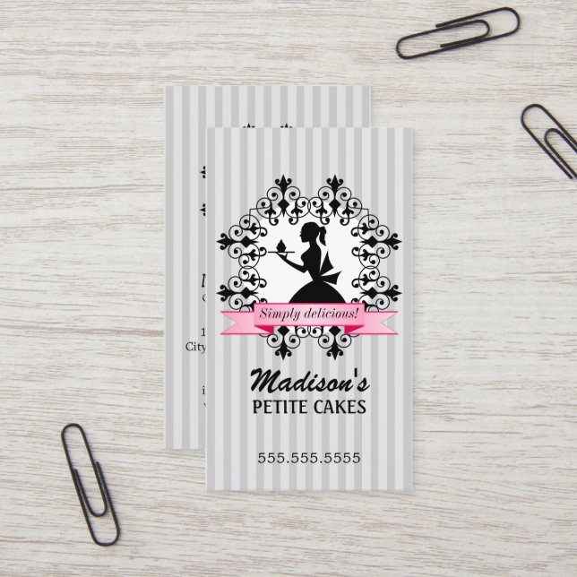 Tarjeta De Visita Señora Silhouette Cupcake Silver y rosa (Anverso/Reverso In Situ)