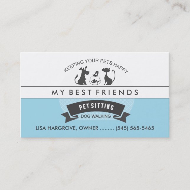 Tarjeta De Visita Sentada del mascota y diseño retro azul y blanco (Anverso)