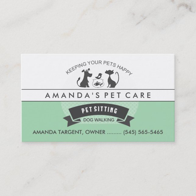 Tarjeta De Visita Sentada del mascota y diseño retro verde y blanco (Anverso)