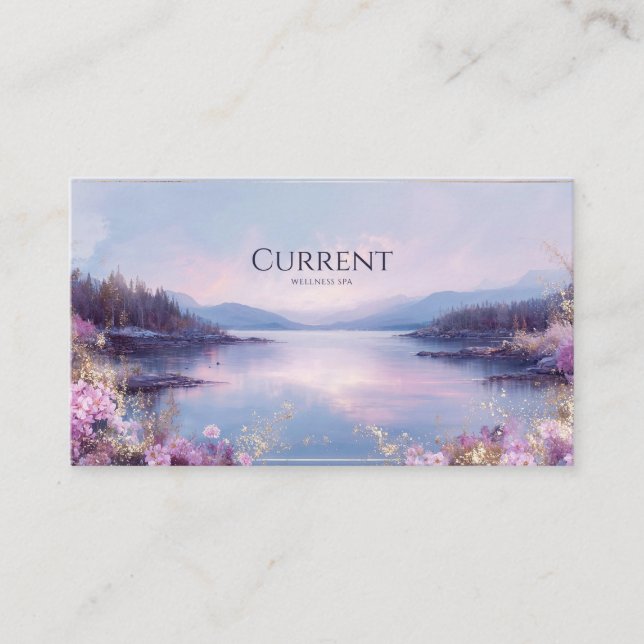 Tarjeta De Visita Serene Lake Landscape Floral Gold Purpurina (Anverso)