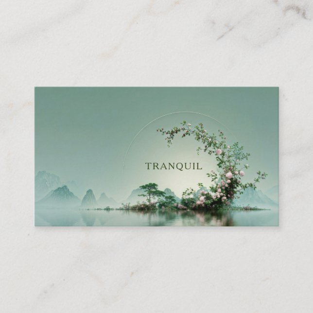 Tarjeta De Visita Serene Misty Lake Pink Floral Arch Mountain Zen (Anverso)