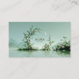 Tarjeta De Visita Serene Misty Lake White Rose Vine Crescent Moon