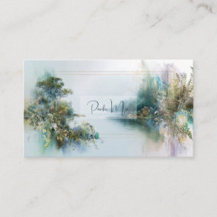Tarjeta De Visita Serene Misty Riverbank Marco Botánico De Oro