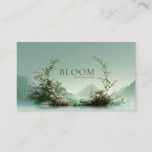 Tarjeta De Visita Sereno Lago Brumoso Arco Floral Rosa Montaña Zen