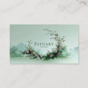 Tarjeta De Visita Sereno Lago Brumoso Rosa Pálido Floral Crescent
