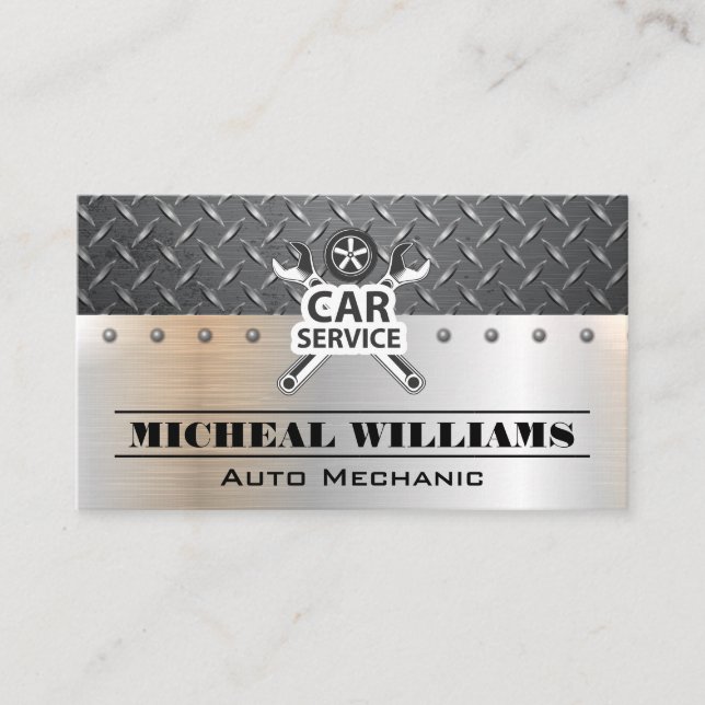Tarjeta De Visita Servicio de coches Wrenches Diamond Plated Steel (Anverso)