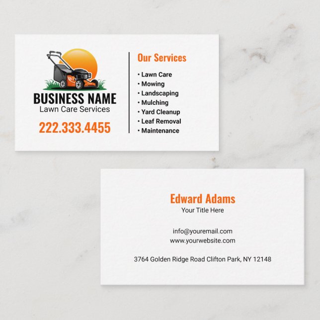 Tarjeta De Visita Servicio de cuidado de césped Orange Sun Mowing (Anverso / Reverso)