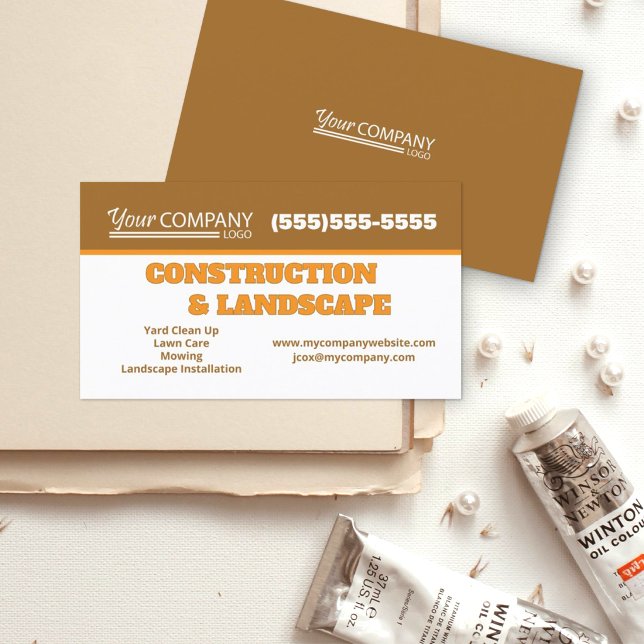 Tarjeta De Visita Servicio de Cuidado de Césped Paisajístico Marrón  (copper brown rust business cards with logo, construction, landscape, lawn care services)