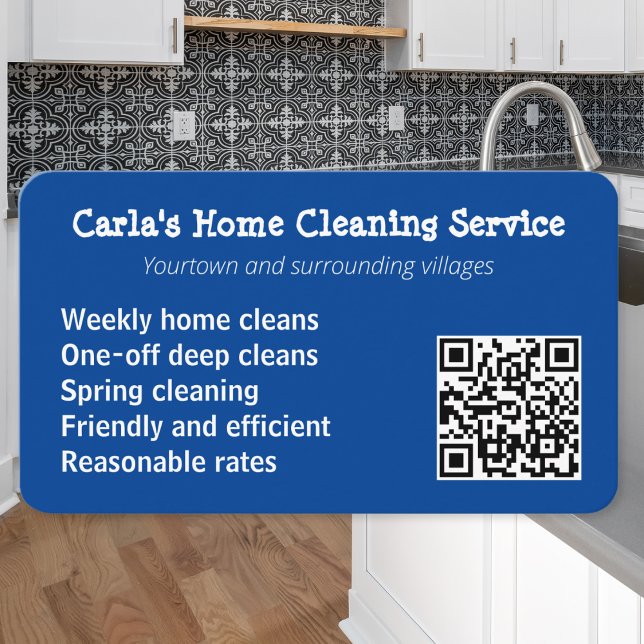 Tarjeta De Visita Servicio de limpieza Casa Limpiador de Casas (A personalized business card for a cleaner, with custom QR code, in blue and white)