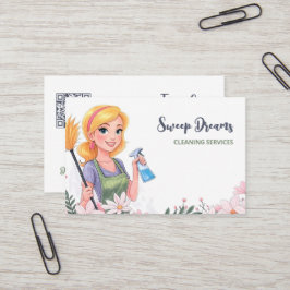 Tarjeta De Visita Servicio de limpieza Casa Maid Floral QR