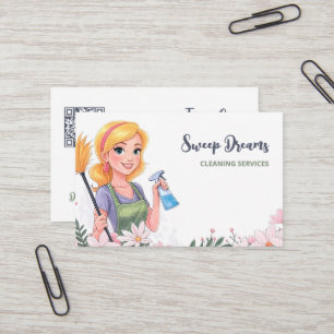 Tarjeta De Visita Servicio de limpieza Casa Maid Floral QR