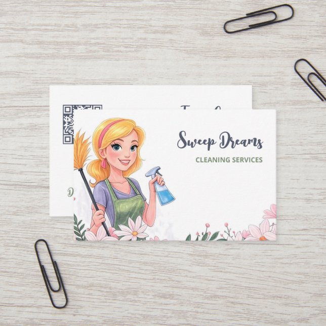 Tarjeta De Visita Servicio de limpieza Casa Maid Floral QR (Anverso/Reverso In Situ)