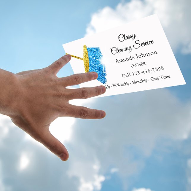 Tarjeta De Visita Servicio De Limpieza Clásica Maid Gold Blue Sparkl (Classy Cleaning Service Maid Gold Blue Sparkly Business Card)