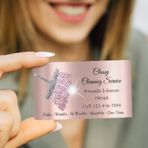 Tarjeta De Visita Servicio De Limpieza Clásica Purpurina Rosa Maid G