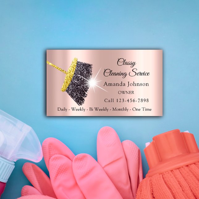Tarjeta De Visita Servicio De Limpieza Clásica Rosa Plata Dorada Mai (Classy Cleaning Service Maid Gold Silver Rose Business Card)