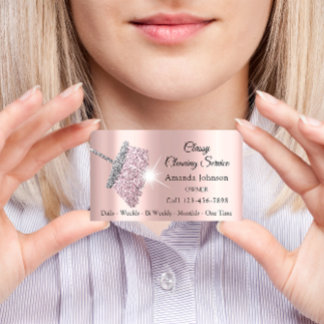 Tarjeta De Visita Servicio De Limpieza Clásica Rosa Plata Dorada Mai