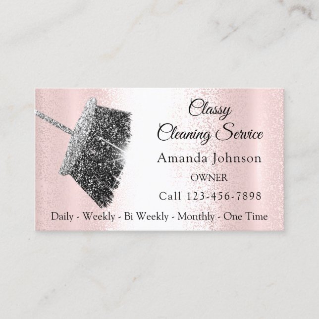 Tarjeta De Visita Servicio De Limpieza Clásica Rosa Plata Gris Rosa (Anverso)