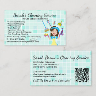 Tarjeta De Visita Servicio de limpieza código qr de Teal Maid Señora