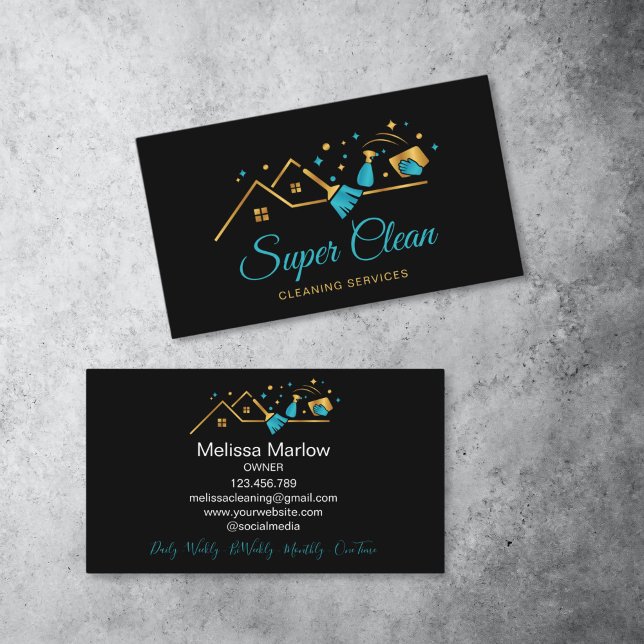 Tarjeta De Visita Servicio de limpieza comercial residencial de empl (cleaning logo tools gold and blue)