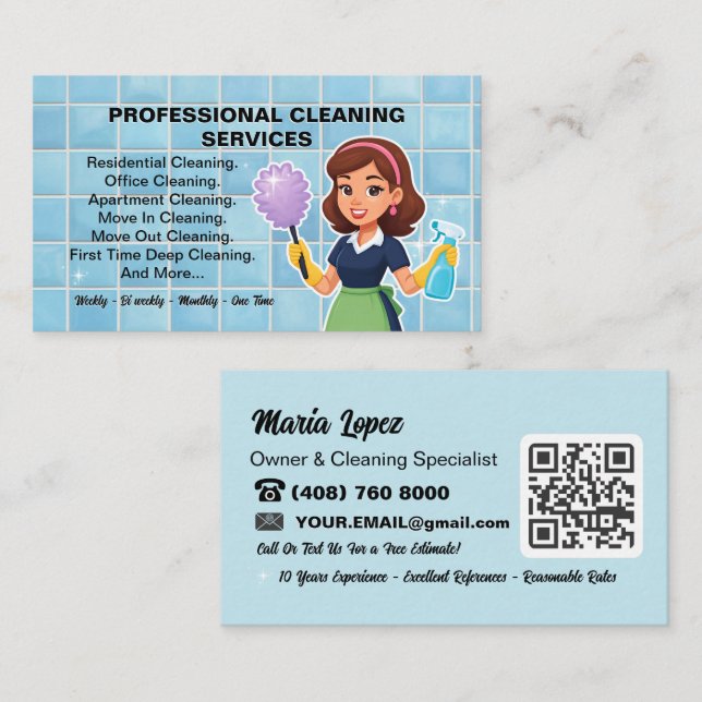 Tarjeta De Visita Servicio de limpieza de casa de mucamas con código (Anverso / Reverso)