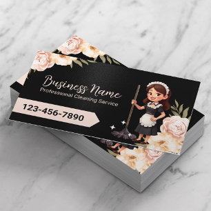 Tarjeta De Visita Servicio de limpieza de casas Floral Cute Maid neg