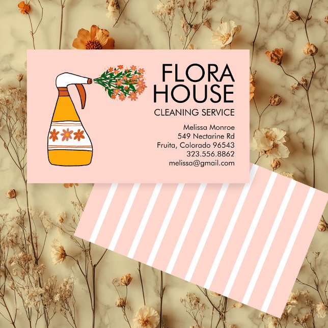 Tarjeta De Visita Servicio de limpieza de casas florales Botella de  (Floral House Cleaning Service Spray Bottle Retro Business Card
)