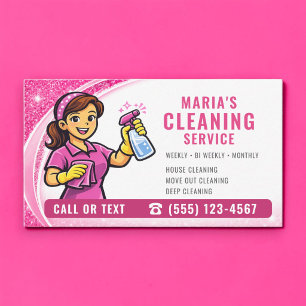 Tarjeta De Visita Servicio de limpieza de casas Pink Glitter Maid