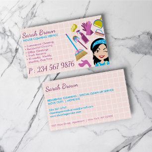 Tarjeta De Visita Servicio de limpieza de dibujos animadas Pink Lady