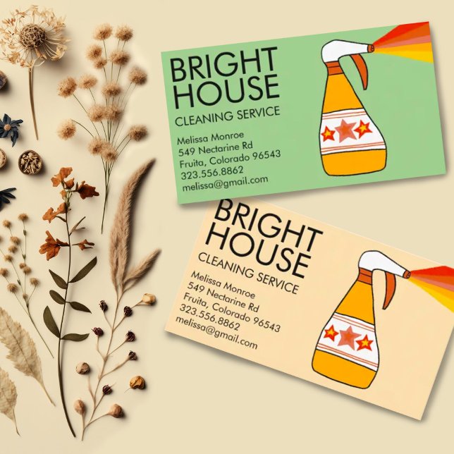 Tarjeta De Visita Servicio de limpieza de la casa Botella de spray R (Colorful bright spray bottle modern custom cleaning business cards. Change the background colors.)