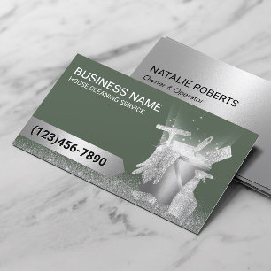 Tarjeta De Visita Servicio de limpieza de la casa Sage Green Silver 