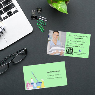 Tarjeta De Visita Servicio de limpieza foto verde claro código QR