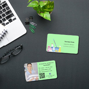 Tarjeta De Visita Servicio de limpieza foto verde claro código QR