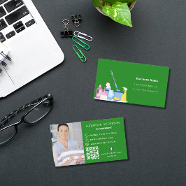 Tarjeta De Visita Servicio de limpieza foto verde código QR premium