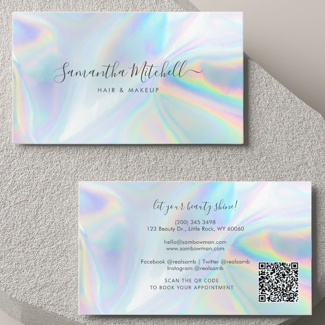Tarjeta De Visita Servicio de limpieza holográfica de código QR de g (Modern Holographic Script Hair Stylist Business Card)